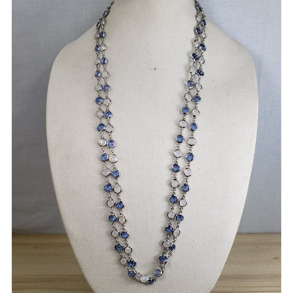 Vintage Talbot Silver Tone Fasted Blue White Crystal Double Strand 34" Necklace